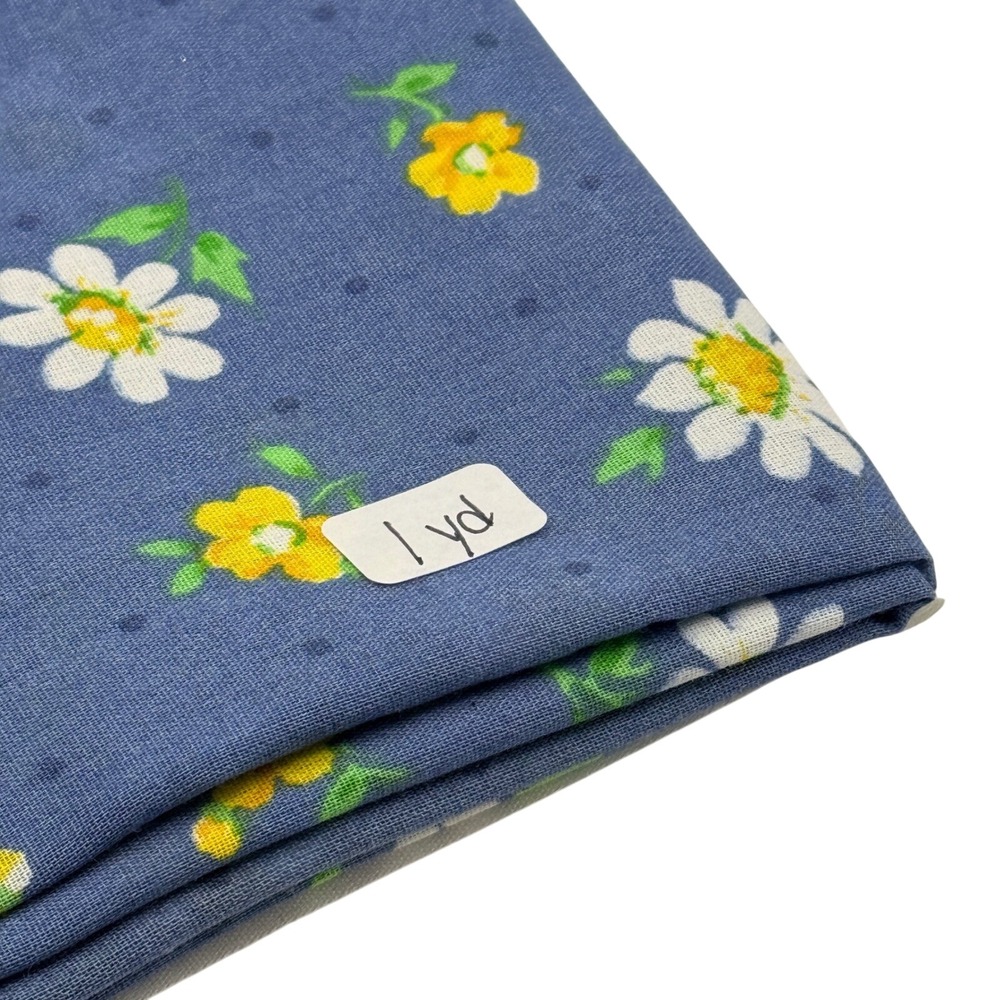 Vintage Daisy Floral Cotton Fabric Polka Dot Blue 1 Yard x 44" Quilting Sewing